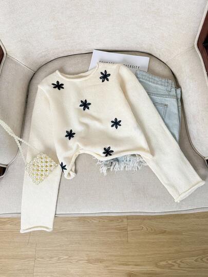 SHEIN 女童圆领长袖针织毛衣，适合秋冬季，杏色，百搭日常穿着，手工刺绣花卉图案，时尚有型，适合日常、居家、外出、旅行、上学和度假