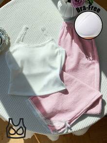 Comfortcana 2 件套女式休闲蕾丝花边吊带背心和红白条纹裤，返校季 2 件套休闲套装 - 紅白色 - 查看 3