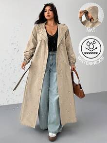 SHEIN EZwear 大码连帽防水长款风衣，秋冬 - 卡其色 - 查看 2