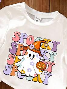 3 件年轻女孩休闲时尚卡通幽灵、蝴蝶结、南瓜印花圆领短袖 T 恤，粉色、紫色、白色上衣，万圣节恐怖季节 T 恤，适合女婴 - 彩色 - 查看 3