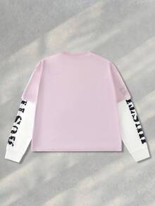 ROMWE MEN Prep Men's Religious Printed Long Sleeve T-Shirt, Loose Cropped Style, 2000s Style, Fall - Pink - View 2