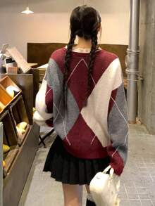 DAZY Women's V-Neck Lace Patchwork Loose Collegiate Argyle Colorblock Pullover Sweater, Casual School Style For Christmas Fall/Winter