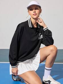 Gameset SHEIN Sport 女式字母条纹 Polo 领宽松长袖运动衫 - 黑色 - 查看 6