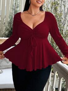 Vionelle Plus Size Women Diamond V-Neck Front Drawstring Rib Knit Long Sleeve T-Shirt, For Thanksgiving Fall Cloth For Women - Burgundy - View 3