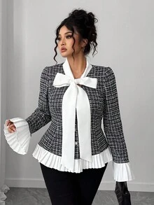 Elenzga Plus Size Women's Popular Short Jacket With Bow Collar, Color Block Design, Pleated Details, Autumn/Winter Fall - Multicolor - View 5