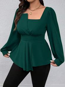 Rometta Áo sơ mi tay dài cổ vuông màu trơn viền bèo nhún cỡ lớn, thường ngày cho dịp Giáng sinh, áo peplum - Màu xanh lá cây đậm - Xem 7