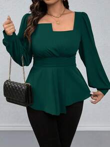 Rometta Áo sơ mi tay dài cổ vuông màu trơn viền bèo nhún cỡ lớn, thường ngày cho dịp Giáng sinh, áo peplum - Màu xanh lá cây đậm - Xem 8
