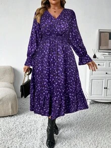 SHEIN Clasi 大码女式秋冬时尚休闲 V 领碎花长款束腰连衣裙，修身廓形长款女装 - 紫色 - 查看 3