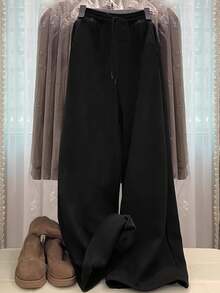 INAWLY 2 件女士天鹅绒运动服秋冬新款毛领拉链夹克 + 阔腿裤时尚运动休闲套装 - 黑色 - 查看 4