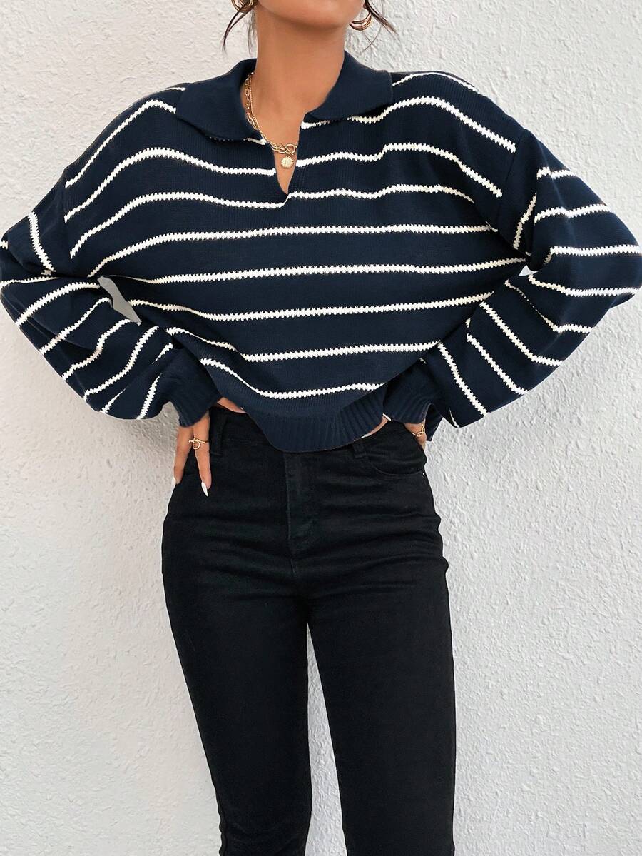 SHEIN Unity 女士棕色条纹休闲针织衫 | 独立日日常穿着 Polo 领上衣 - 藏蓝色 - 查看 1