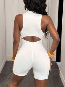 Slaydiva 女式简约前拉链无袖修身休闲连体裤 - 白色 - 查看 2