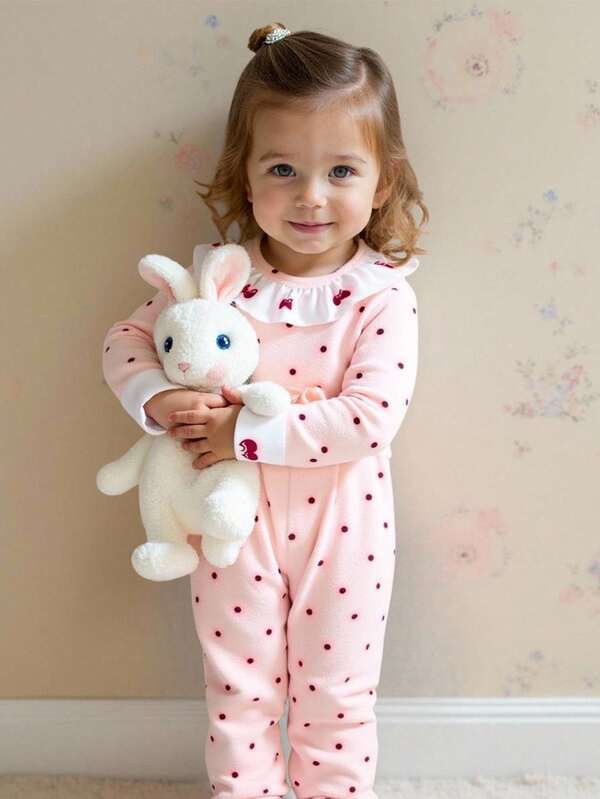 Souflis Souflis Baby Girl Cherry Pattern Bowknot Ruffle Collar Long Sleeve Romper, Fashionable & Cute, Autumn/Winter