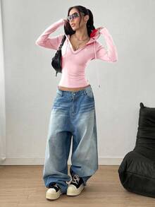 StreetHx Áo nỉ có mũ trùm đầu cổ chữ V đơn sắc có dây rút dành cho nữ - Hồng - Xem 5