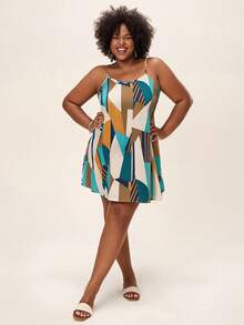 Comfylo Plus Size Colorful Geometric Pattern A-Line Sleeveless Sundress For Summer Business Casual Fall Clothes Plus Size