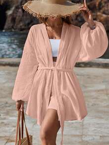 EURMUSE 2pcs Textured Cotton Crinkle Casual Shirt And Shorts Set - Pink - View 4
