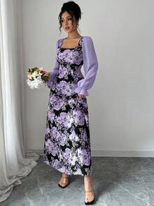 Modelyn 女式方领泡泡袖收腰飘逸连衣裙，花卉印花，优雅度假装 - 彩色 - 查看 3