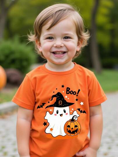 SHEIN 男宝宝休闲简约万圣节鬼南瓜灯可爱卡通短袖上衣，适合夏季