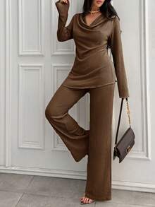 EURMUSE 2 Pieces Outfits For Women 90s Casual Boho Muse Blouse Flare Leg Pants Solid Daily Pleated Suit - Brown - View 6