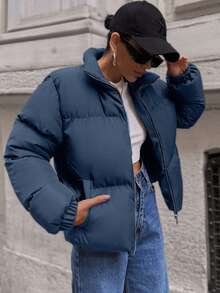 EURMUSE Short Padded Jacket In A Plain Design, Contrast Metal Colour Zipper - Dusty Blue - View 8