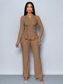 SOLERSUN Women's Apricot Color Elegant V Neck Long Sleeve T-Shirt And Wide Leg Pants Two Pieces Set,Asymmetrical Hem Two Pieces Outfits,Casual Daily Wear,Winter Clothes For Women Fall Cloth For Women - Brown - View 4