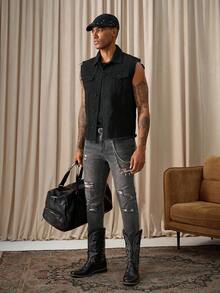 RivetRise Men's Single-Breasted Frayed Casual Denim Vest Jacket Boyfriend & Husband Business Casual Regular Washed Black For Slim Fit College Mens Grunge Clothes - Black - View 3