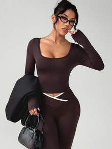 Gameset SHEIN Sport 女式露背交叉带设计修身瑜伽健身长袖上衣 - 咖啡棕 - 查看 5