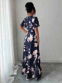 Elenzga Vestido elegante y romántico para mujer con cuello redondo, mangas con volantes y cintura ceñida con estampado digital - Multicolor - Ver 2