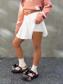 Coolane Kids Tween Girls White Jersey Shirt Clothes Football Volleyball Thanksgiving Halloween Christmas First Day Of School Solid Color Overlap Waist Tennis Skirt Fall - White - View 3