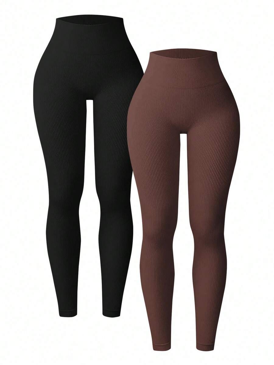 Easithlete Bộ 2 quần legging gân dành cho nữ - Quần tập yoga cạp cao kiểm soát bụng nâng mông eo thon dùng cho tập luyện thể thao chạy bộ đạp xe yoga bóng chày tập thể dục thường ngày - Nhiều màu - Xem 1