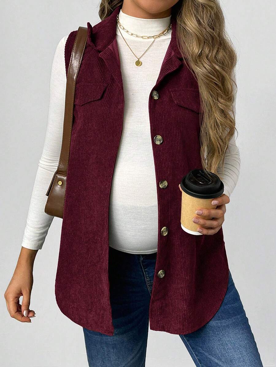 SHEIN Maternity Loose Corduroy Faux Pocket Vest Jacket, Autumn Winter - Burgundy - View 1