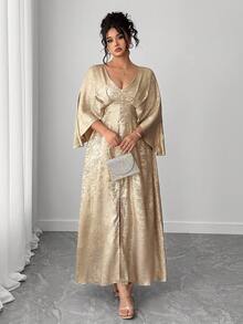 Elenzga 大码女士奢华V领二合一金色晚礼服，秋冬 - 金色 - 查看 5