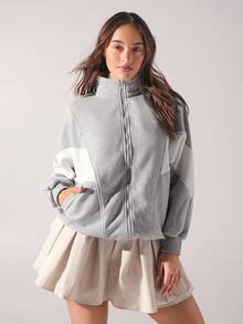 Menodora SHEIN Sport Damen Herbst Kontrast Farbe Reißverschluss Kragen Lässiger Loose Sweatshirt - Hellgrau - Übersicht 2