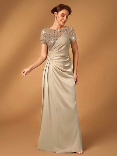 Serin Elegant Luxurious Beaded & Sequin Satin Ruched Mermaid Hem Skirt, Suitable For Weddings, Parties, Vacations, Galas, Evening Gowns, Mother Of The Bride