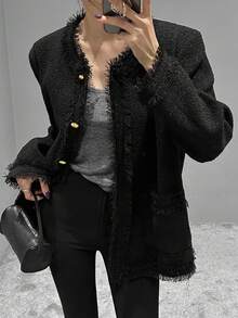 DAZY 金属扣流苏粗花呢夹克女式外套 - 黑色 - 查看 10