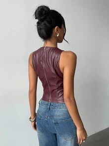 Aloruh Áo nữ mùa thu, kiểu dáng thường ngày, đơn giản, thanh lịch, phù hợp đi làm, màu trơn, chất liệu da, thích hợp đi xem hòa nhạc, đi chơi, kiểu Ankla, màu đỏ, chất liệu PU, không tay, phong cách Y2K. - Màu Đỏ Sâu - Xem 4