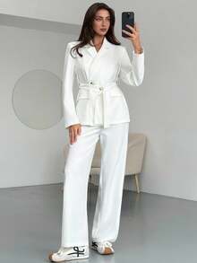 Aloruh Conjunto de traje casual de mujer con chaqueta de cuello solapa y pantalones de manga larga, unicolor, otoño - Beis - Ver 2