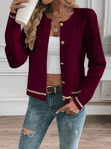 EMERY ROSE Women's Casual Colorblock Striped Cardigan, Autumn/Winter Fall Cloth For Women - Burgundy - View 5