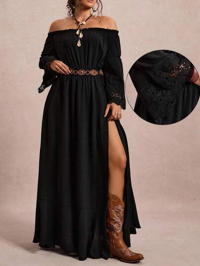 Freevana Plus Size Vacation Casual Solid Color Off Shoulder High Slit Dress Long Boho Dress Off The Shoulder Maxi Dress Long Vacation Dress Fall Dresses For Women,Holiday Outfits For Women,Wedding Guest Dress Women
