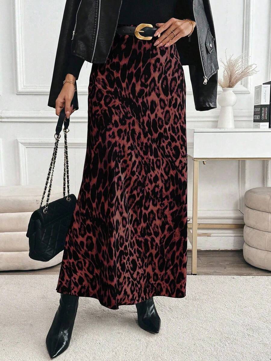 EMERY ROSE Casual High-Waisted Leopard Print Long Skirt, Spring/Summer Maxi Women