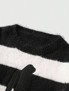 ROMWE MEN Street Life Men's Applique Embroidery Striped Long Sleeve Sweater, Loose Cropped Fit, Fall Winter - Black - View 5