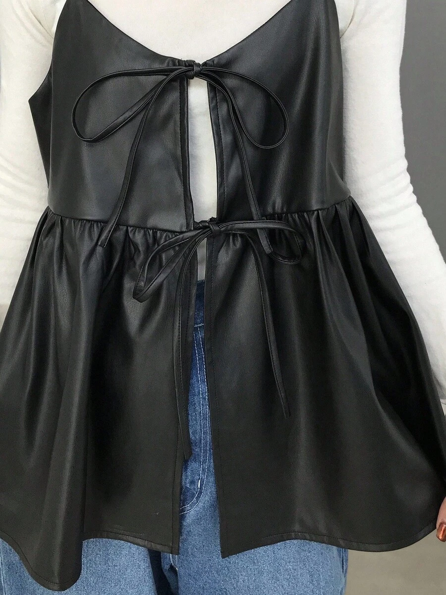 FRIFUL 女式纯黑色 PU 面料系带抽绳宽松百搭分层休闲吊带背心，适合机场旅行、休闲外出、度假 - 黑色 - 查看 1