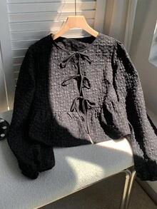 SHEIN Comfortcana 女式黑色纯色荷叶边下摆系带腰休闲长袖衬衫，秋季 - 黑色 - 查看 5
