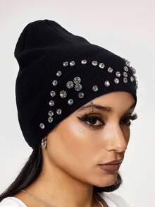 ROMWE Goth 1pc Street Style Rhinestone Knit Beanie Hat, Warm Knitted Hat For Autumn/Winter Daily Wear, Fashionable Hat For Women - Black - View 3