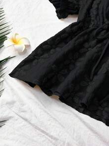 Trelyra 女士时尚别致提花短袖V领上衣，2025夏季新款短袖衬衫 - 黑色 - 查看 3