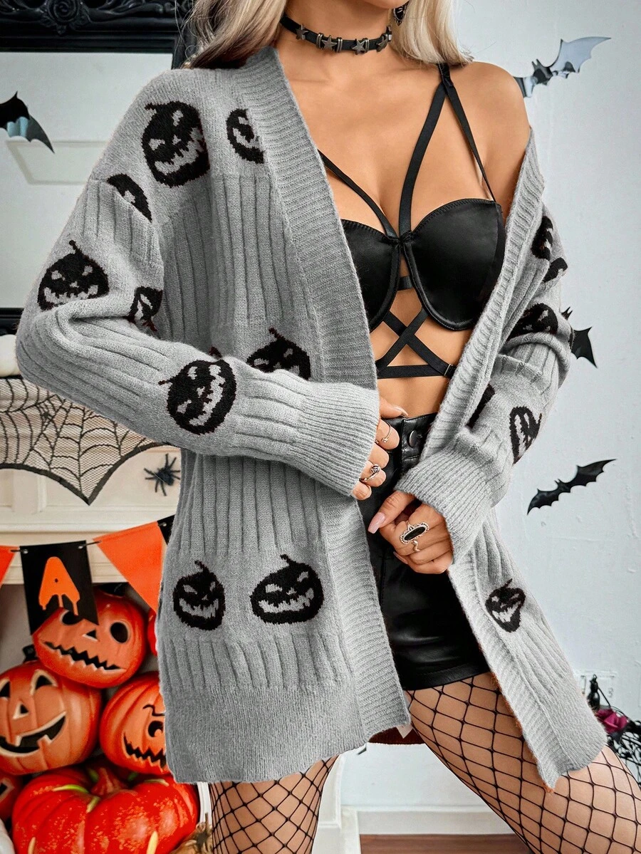 SHEIN Unity Women's Casual Pumpkin Pattern Drop Shoulder Long Sleeve Knit Cardigan, Autumn Halloween Cardigan Halloween Sweater Pumpkin Sweater - Grey - View 1
