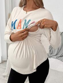 SHEIN Mama Letter Print Knitted Nursing Top Beige Three Quarter Sleeve Round Neck Casual Wear