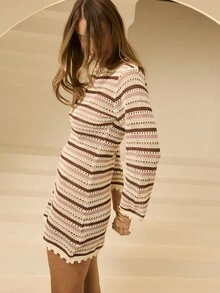 Aralina 女式条纹圆领休闲长袖套头毛衣连衣裙 - 彩色 - 查看 3