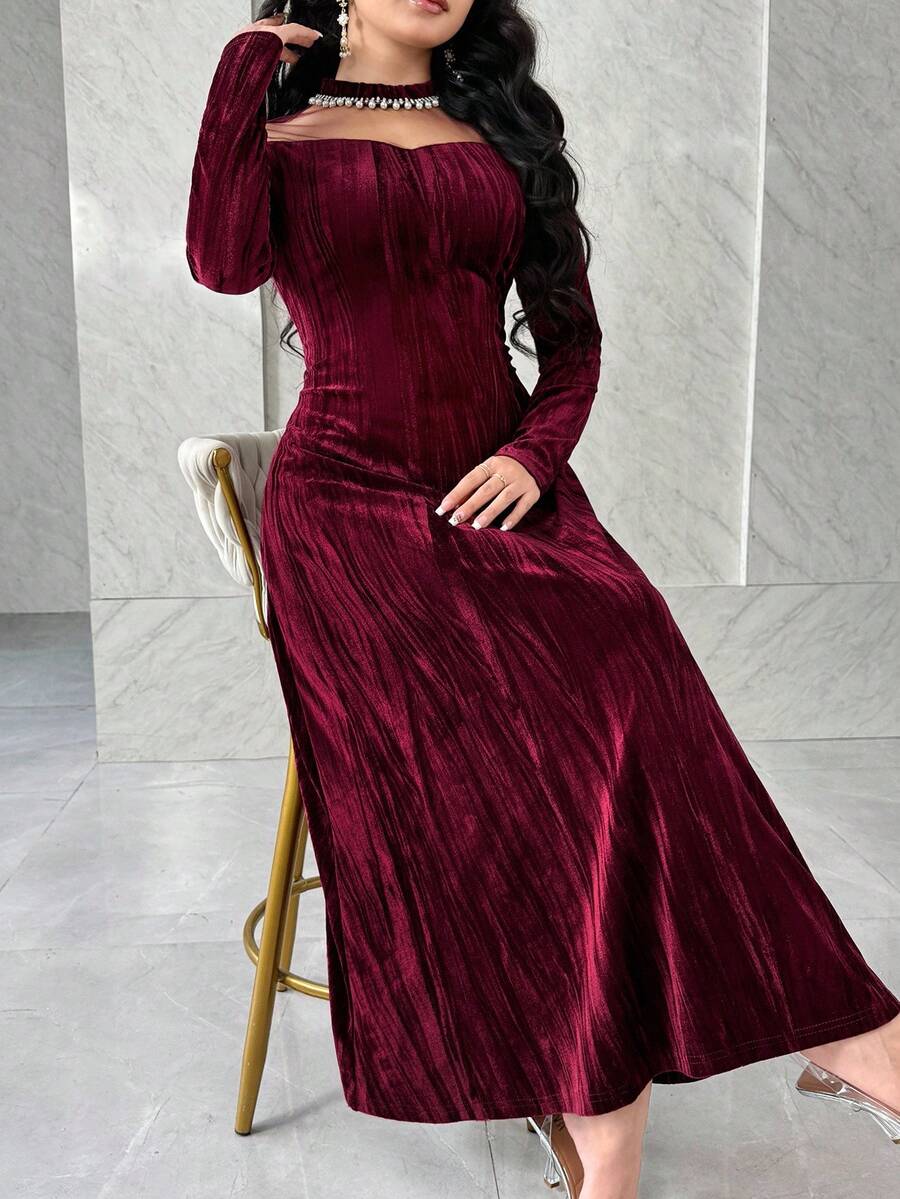Modelyn Elegante abito da sera rosso vino con spalle scoperte, decorato con strass e maniche lunghe - Bordò - Visualizzare 1