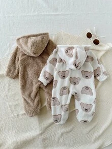 SHEIN Bộ 2 quần áo liền thân có mũ trùm đầu và quần dài mềm mại họa tiết gấu hoạt hình dễ thương dành cho trẻ sơ sinh, quần áo thường ngày cho bé mùa thu/đông - Nhiều màu - Xem 2