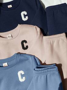 Cozy Pixies 6pcs/Set Baby Boy Letter Pattern Knit Soft Crew Neck Long Sleeve Hoodie And Pants Set Fall Winter - Multicolor - View 5